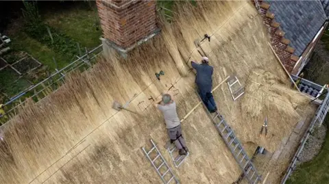 Jamie Niblock/BBC An aerial shot of two thatchers working on a roof. They work straw into the roof. They stand on step ladders that rest against the roof. There are grassy front and back gardens visible below.