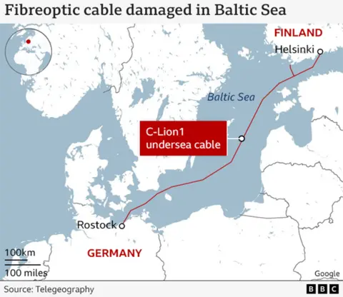 バルト海で切断された C-Lion 1 ケーブルを示す地図