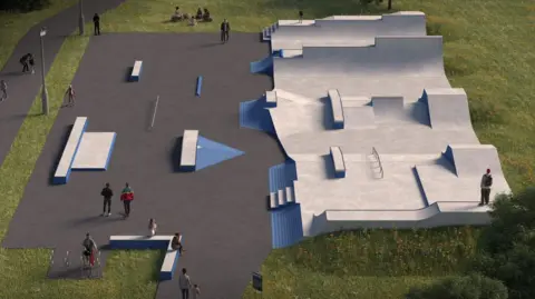 The concept design for the new concrete skate park on the site at Baiter in Poole. It includes "a mix of street features, transition elements and open space".
