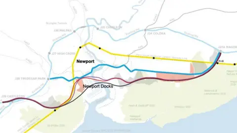 IWA/CILT A map with proposed routes in different colours.
