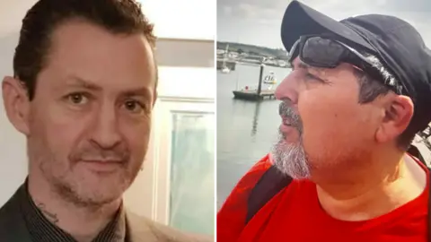 Daniel Coleman is seen in a headshot wearing a black shirt and looking into the camera on the left, while Claudio Aquilino is seen wearing a black cap sunglasses on his head and a red T-shirt, looking to the side, on the right.