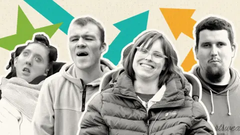 BBC Four images of Rhi (left) Billy (middle left) Kate (middle right) and Chris (right) against a colourful backdrop of shapes. Their photographs are black and white.
