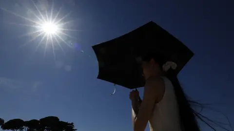 Woman holds black umbrella to shield herself from the Sun