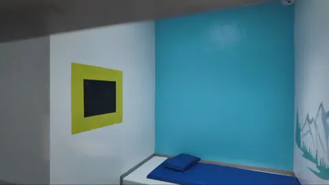 A photo of a London Road cell which has one light blue wall and one white wall which has a yellow and black artwork. The far wall has a mural of a mountain scene