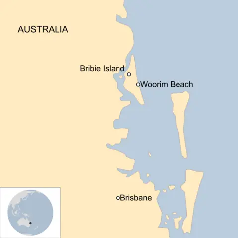 Map of the greater Brisbane area, which is on the west coast of Australia. Woorim Beach is labelled on Bribie Island, north of Brisbane itself. For reference, Australia has also been labelled. 