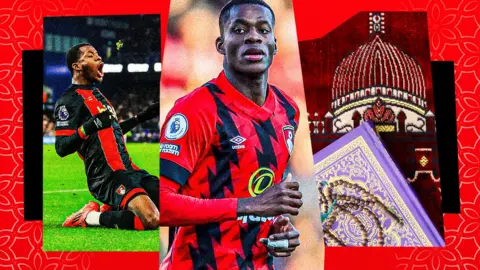 A composite image with three pictures on a red background with Islamic-style design, showing Dango Ouattara in red and black Bournemouth kit celebrating by sliding on his knees (left), jogging mid-match (centre) and a textile-style minaret design overlayed with a purple and gold Quran and beads (right).