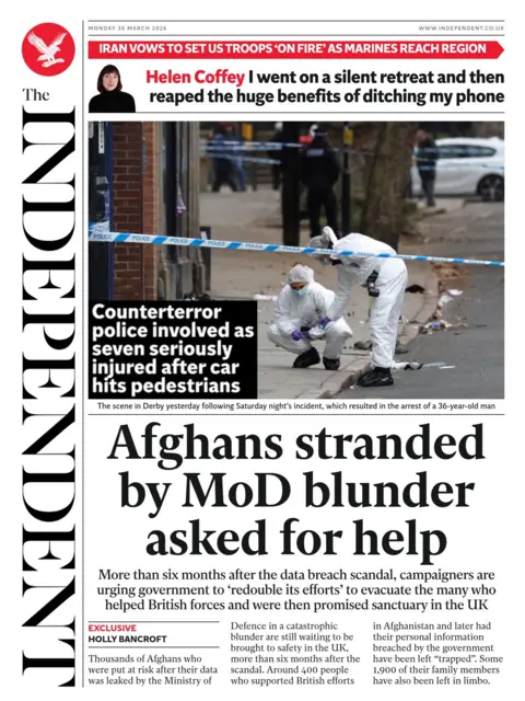 The headline on the front page of the Independent reads: "Afghans stranded by MoD blunder asked for help."