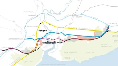 IWA/CILT A map with proposed routes in different colours.