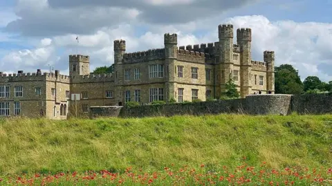 Jessica Corner A castle in a field. poppies at the bottom of the frame of the photo.