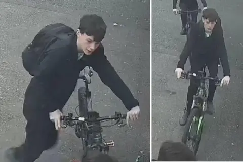 Two CCTV images of a young male with a bike.