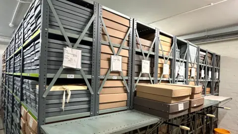Cardboard boxes line rows of shelves, with labels on the end of each shelf.