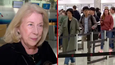 Splitscreen. On the left, a blonde woman with a large black fur coat. On the right, a line of airline travellers.