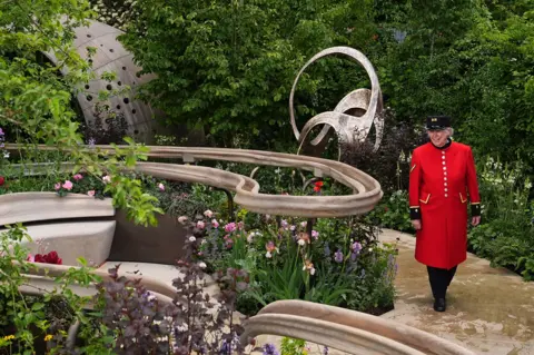 Aaron Chown/PA Media A Chelsea pensioner views the Parkinson's UK - A Garden for Every Parkinson's Journey during press day at the RHS Chelsea Flower Show, at the Royal Hospital Chelsea in London. Picture date: Monday May 18, 2026. PA Photo. Photo credit should read: 
