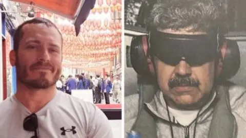 A composite photo showing US soldier Gannon Ken Van Dyke smiling in a white t-shirt alongside a separate image of Nicolas Maduro on the USS Iwo Jima in handcuffs, wearing ear protectors and a type of blindfold.