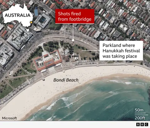A graphic shows where the Bondi Beach shooting unfolded, in relation to the pavilion and the bridge and the park - all of which are close by. 