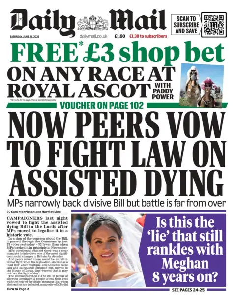 The headline on the front page of the Daily Mail reads: "Now peers vow to fight law on assisted dying"