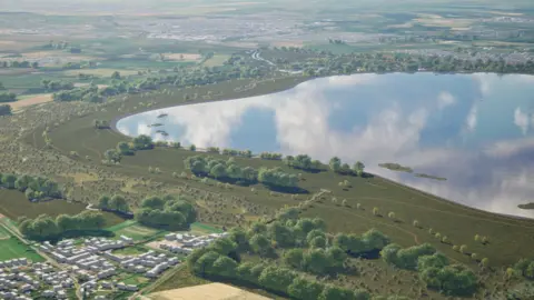 A CGI mock-up of the reservoir near Abingdon. It is placed among green fields, whilst the sun radiates off its surface.