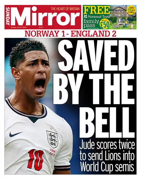 "Saved by the Bell," reads the headline on the front page of the Sunday Mirror, next to a photograph of England star Jude Bellingham.