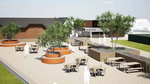 BHB Architects An artists impression of a paved area with some chairs, tables and trees, with a one storey building in the background.