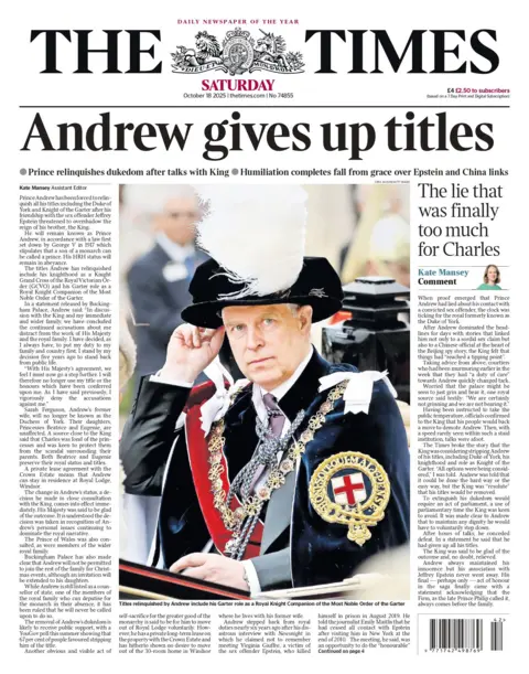 The headline on the front page of the Times reads: "Andrew gives up titles."