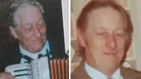 Handout Fred Stewart in two pictures side by side. In one picture he is smiling while playing the accordion and wearing a white shirt, black tie and suit jacket. In the other picture he is smiling and wearing a brown jacket over a white shirt and dark tie. 