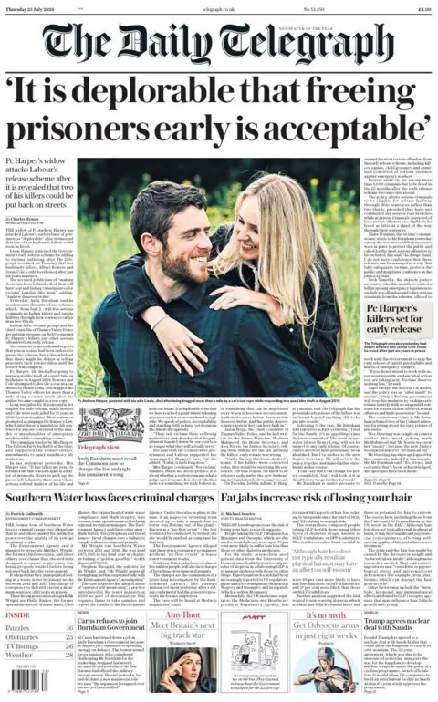 The headline on the front page of the Telegraph reads: “It is deplorable that freeing prisoners early is acceptable”.