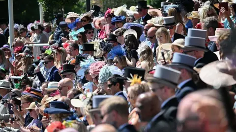 A crowd of people in smart clothing including extravagant hats, sitting on raked seating. It's a sunny day.