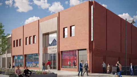 ADP Birmingham A computer generated image of a two storey red brick building, with people walking past outside.