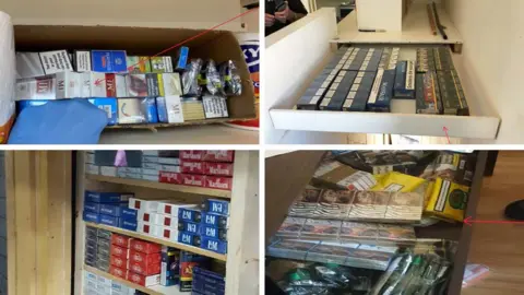 Four-panel composite image showing multiple collections of cigarette packets and tobacco stored in concealed or enclosed spaces.