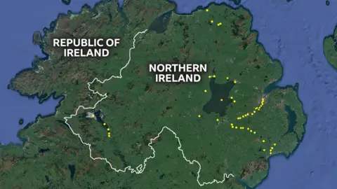 A map of Northern Ireland with yellow dots pinpointing the locations where water was tested for drugs