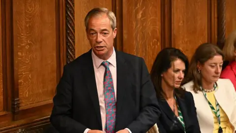 House of Commons Reform UK leader Nigel Farage stands to speak in the Commons