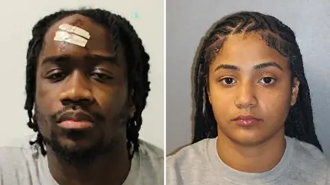 Metropolitan Police Eliezer Mbaki and Anais King pictured side-by-side in police custody images. Mbaki, a young man, has plaited hair and some facial hair. King, a young woman, has long plaited hair and wears a grey top