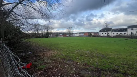 An area of grass surrounded by trees and hedgerows with houses visible in the distance