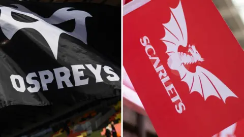 L-R: The flags of Ospreys and Scarlets