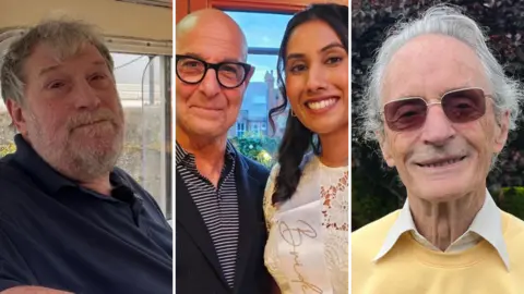 Three side-by-side images; to the left, an older man with a grey beard and a blue polo shirt looks at the camera, in the middle; Stanley Tucci, a bald man with thick glasses and a blue and white striped shirt stands next to a younger woman with long dark hair, a white dress and a bride-to-be sash on. On the right, an older man with white hair, sunglasses and a yellow jumper.