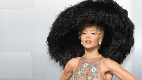 The singer songwriter Rita Ora posing for a photograph wearing a large black ostrich hat. She is wearing a light brown dress with floral patterns and earrings.