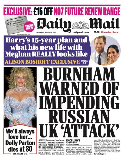 The headline on the front page of the Daily Mail reads: "Burnham warned of impending Russian UK 'attack'."