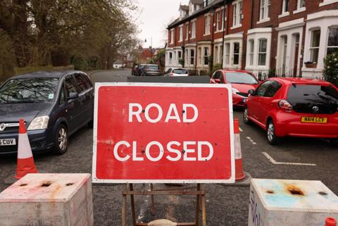 Road closed sign on road in Jesmond, Newcastle