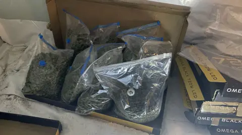 PSNI A close-up image of large plastic bags of cannabis. About 10 bags are placed within a cardboard boxes, with some more, unopened boxes placed on the right hand side of it.