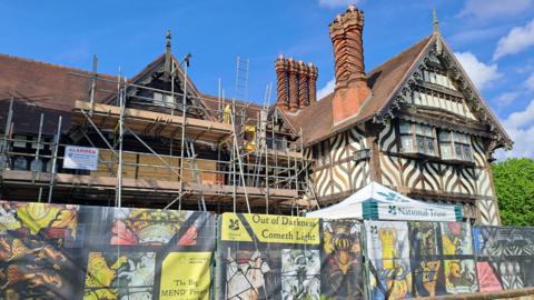 The outside of Wightwick Manor with scaffolding