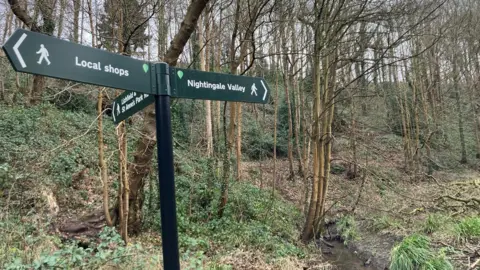 A signpost in the woods. One pointing towards Nightingale Valley and another pointing towards local shops.