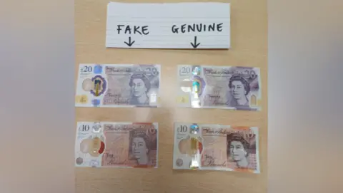 Nottinghamshire Police Two ten pound notes and two twenty pound notes - the right side are forged 