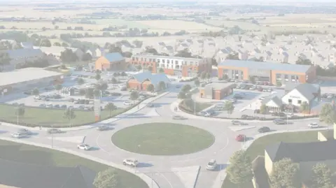 DeVeer Estates An artist impression showing several large buildings with roads and greenery built around them and houses in the background. 