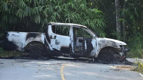A charred white car with burnt tyres and shattered windows is pictured on a stretch of road in front of a row of trees.