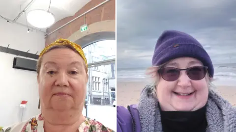 Sarah Leppington/Becky Dawson Sarah Levington on the left is looking grave while stood in a building with a high street outside a glass door behind her. Becky Dawson is smiling on the beach with a purple hat on.