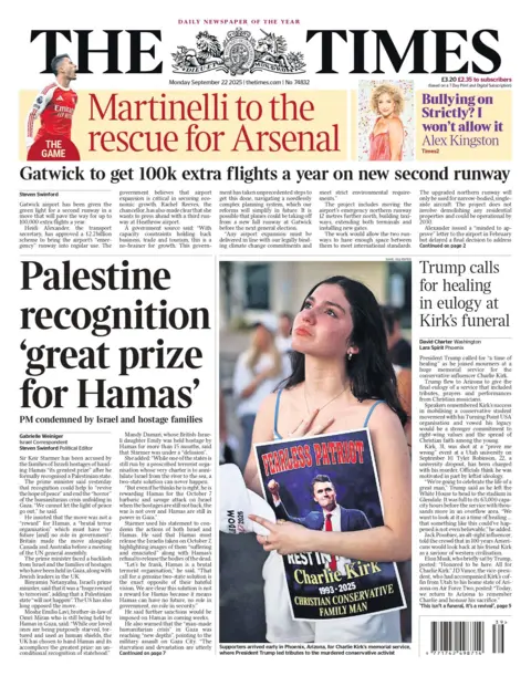 "Palestine recognition 'great prize for Hamas'," reads the headline on the front page of The Times.