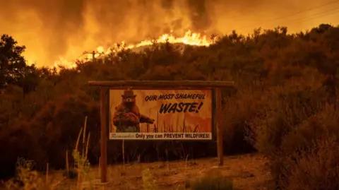 Getty Images Smokey the Bear sign in front of the raging Airport Fire in California in September 2024.