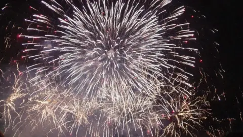 A white firework explodes against a black sky.