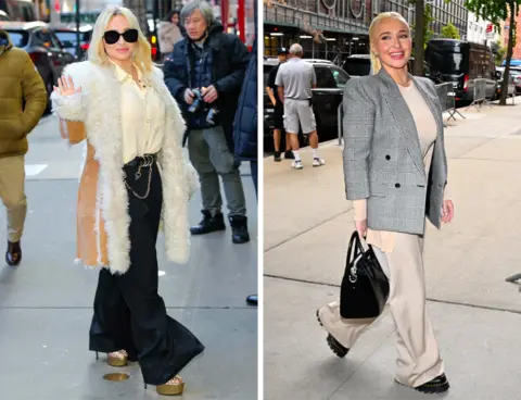 Getty Images A split screen of Hayden Panettiere, on the right in a sheepskin coat with fur lining waving to the cameras in New York in 2023 and on the left in a grey blazer and baggy cream trousers in New York in 2024s