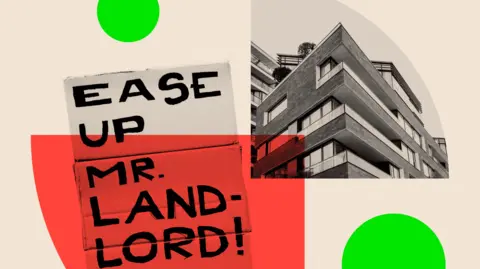 Getty Images Montage shows a protest against rent increases with protesters holding banners that read "Calm down Mr. Land-lord!" alongside a picture of a modern apartment block